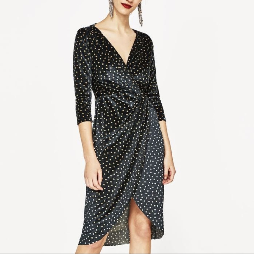 Zara Navy Cream Polka Dot Velvet V-Neck  Faux Wrap Tulip Hem Midi Dress Sz Small